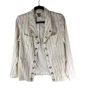 Chicos Womens Striped Blazer Jacket White Black Grommet Laces 0 (US Size 4/6)